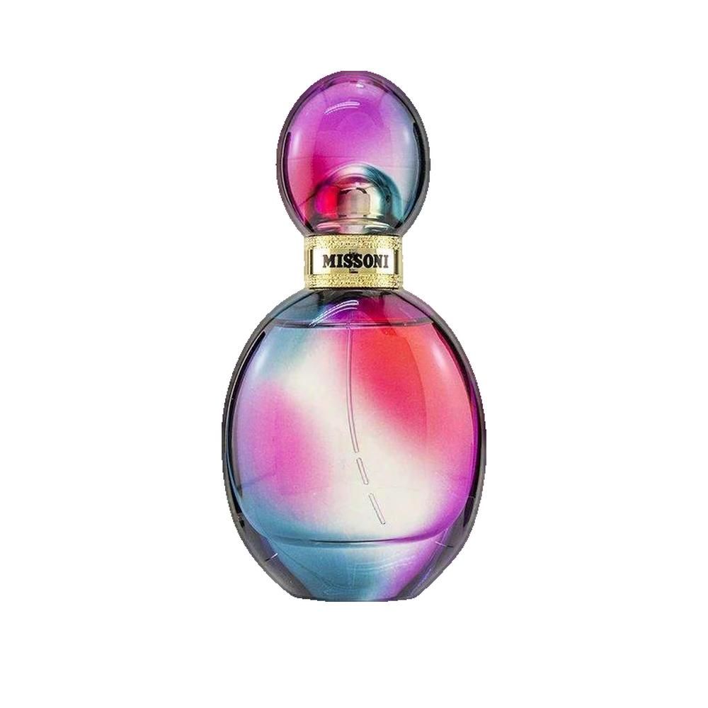 Runder Flakon mit ovalem Deckel. Farbverlauf von Blau zu Pink. Goldener Verschluss mit "MISSONI" Schriftzug.
