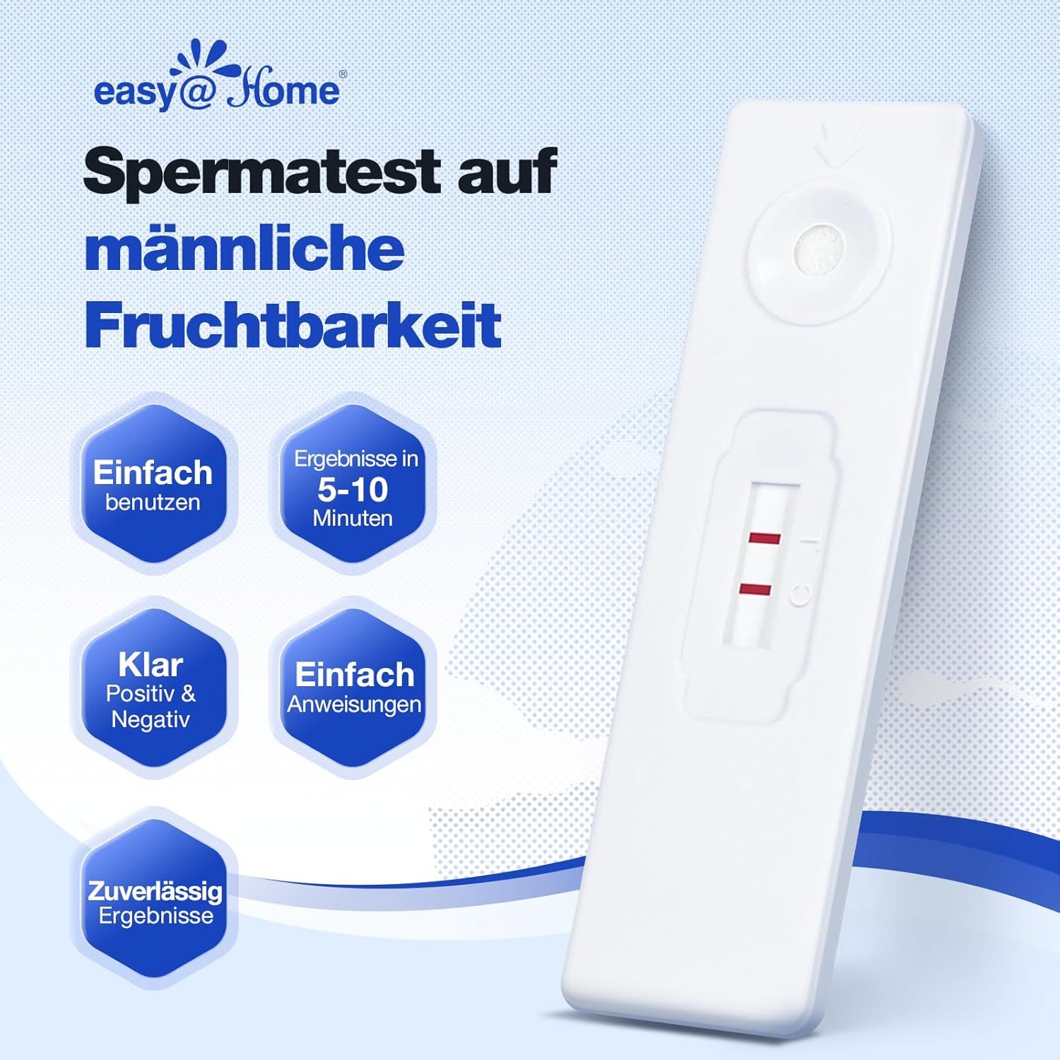 Weißer Teststreifen mit zwei roten Linien. Text: Spermatest auf männliche Fruchtbarkeit, Ergebnisse in 5-10 Minuten.