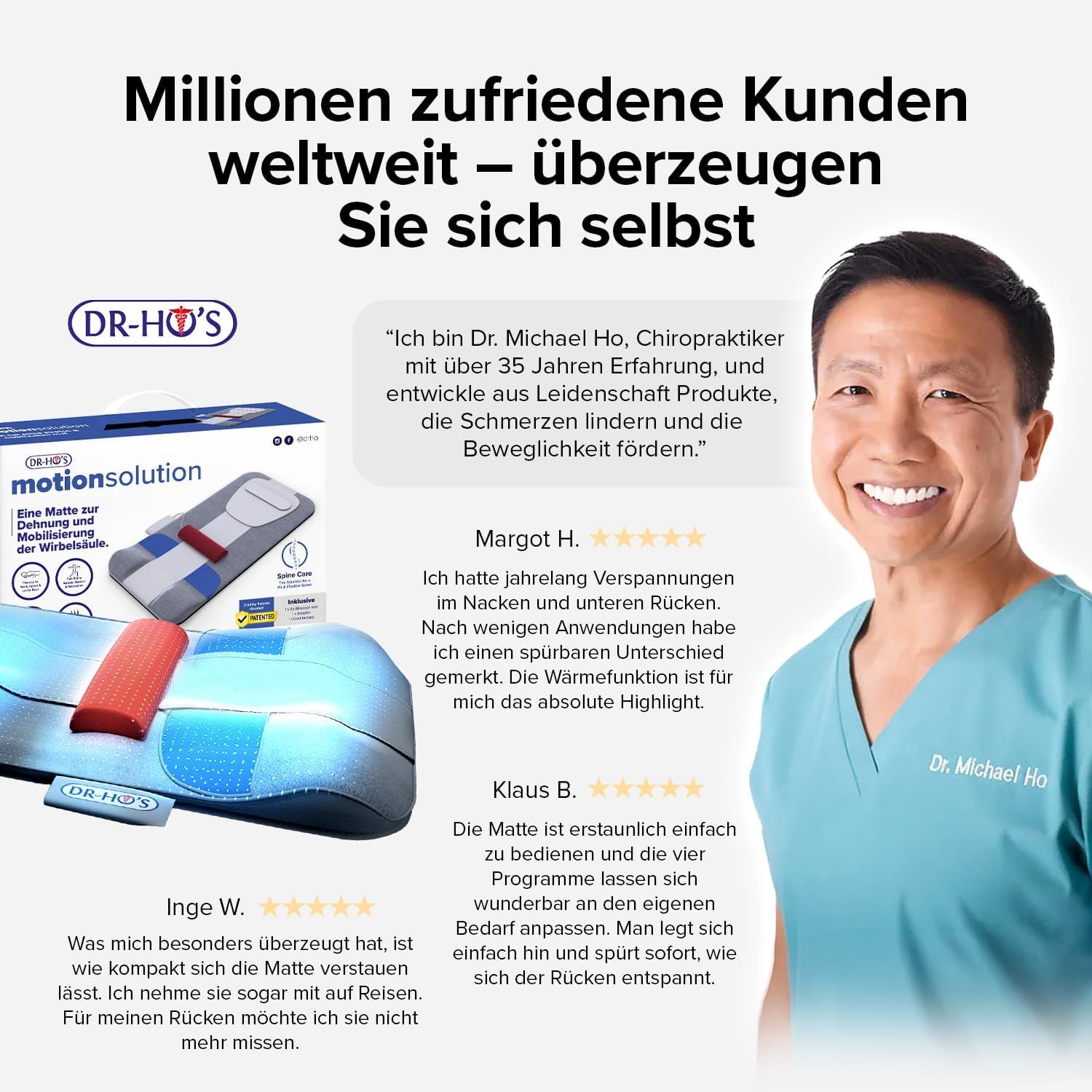 DR-HO'S MotionSolution Matte mit Verpackung und Testimonials von zufriedenen Kunden und Dr. Michael Ho.