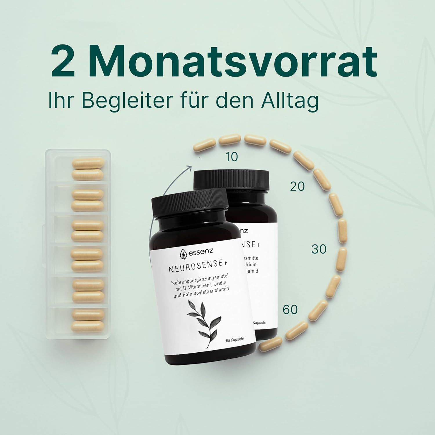 Zwei braune Flaschen mit weißen Etiketten. Daneben eine transparente Tablettenbox mit Kapseln. Text: ESSENZ Neurosense+.