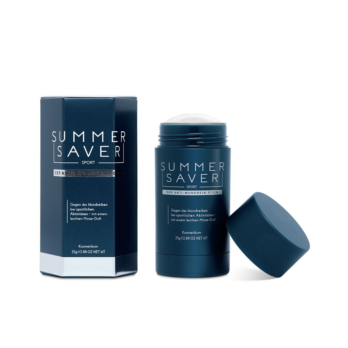Blauer Anti-Wundreib-Stick und Verpackung. Aufschrift: SUMMER SAVER SPORT. Produktname: DER ANTI-WUNDREIB-STICK. Deckel liegt daneben.