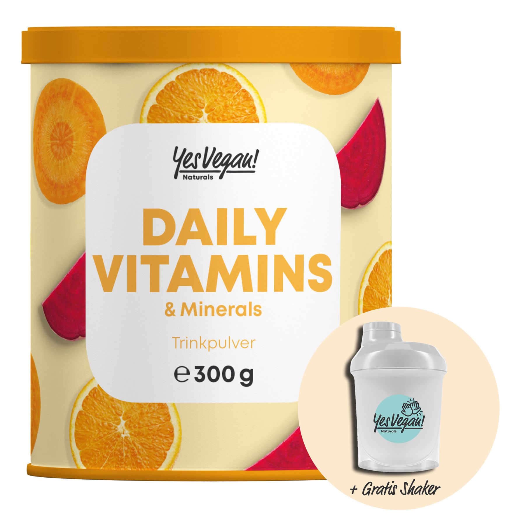 Dose mit "Daily Vitamins & Minerals" Trinkpulver, 300g. Mit Gratis Shaker. Orangen- und Karottenscheiben als Hintergrund.