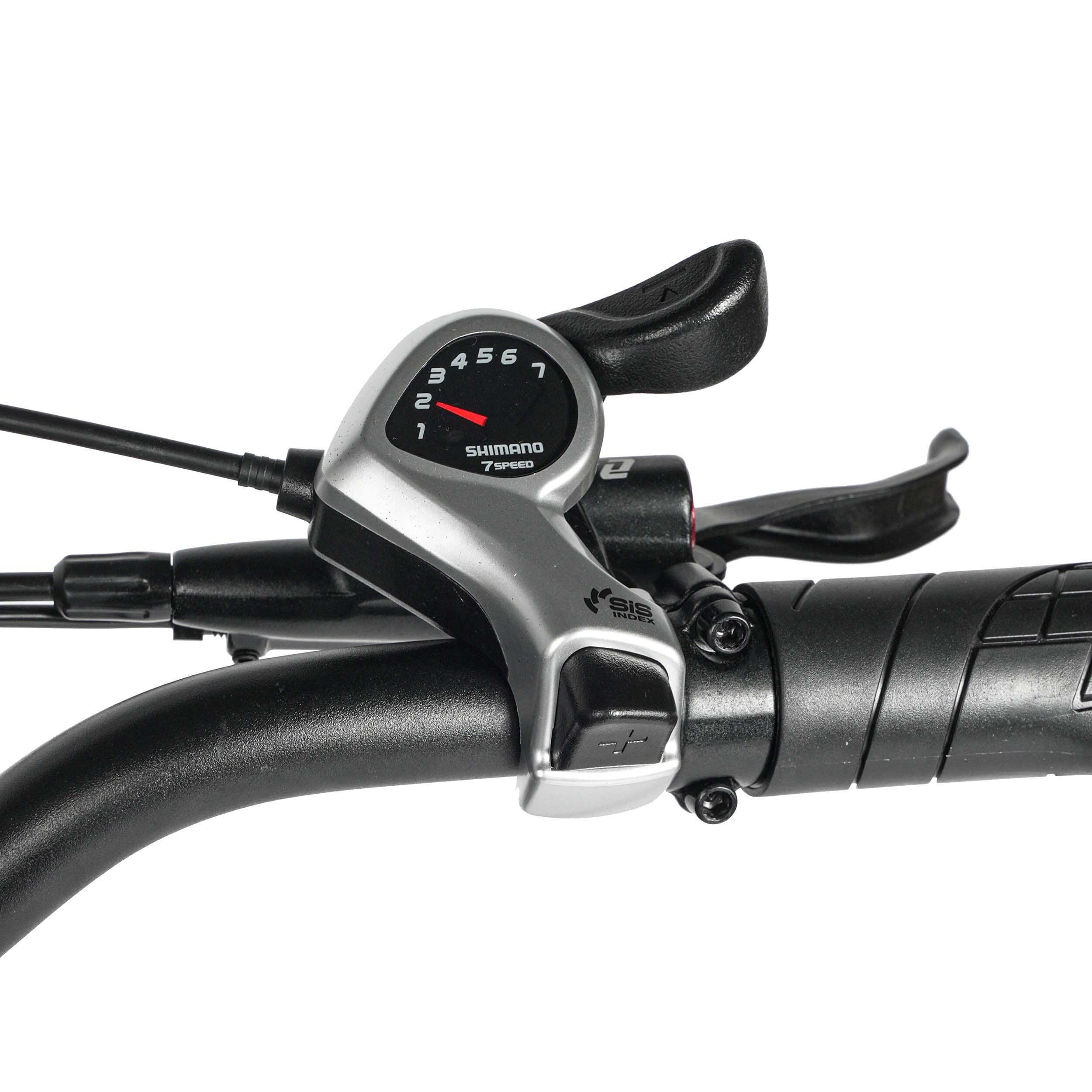 Nahaufnahme des Shimano 7-Gang-Schalters. Silberfarben mit schwarzen Bedienelementen. Zahlen 1-7.