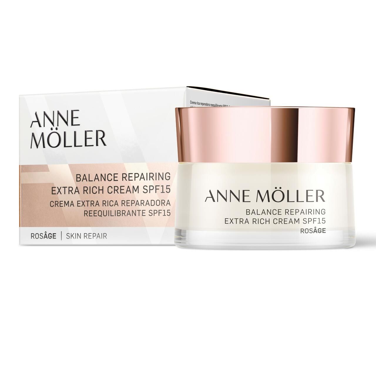 Creme-Tiegel und Verpackung. Aufschrift: Anne Möller, Balance Repairing Extra Rich Cream SPF 15, Rosâge.