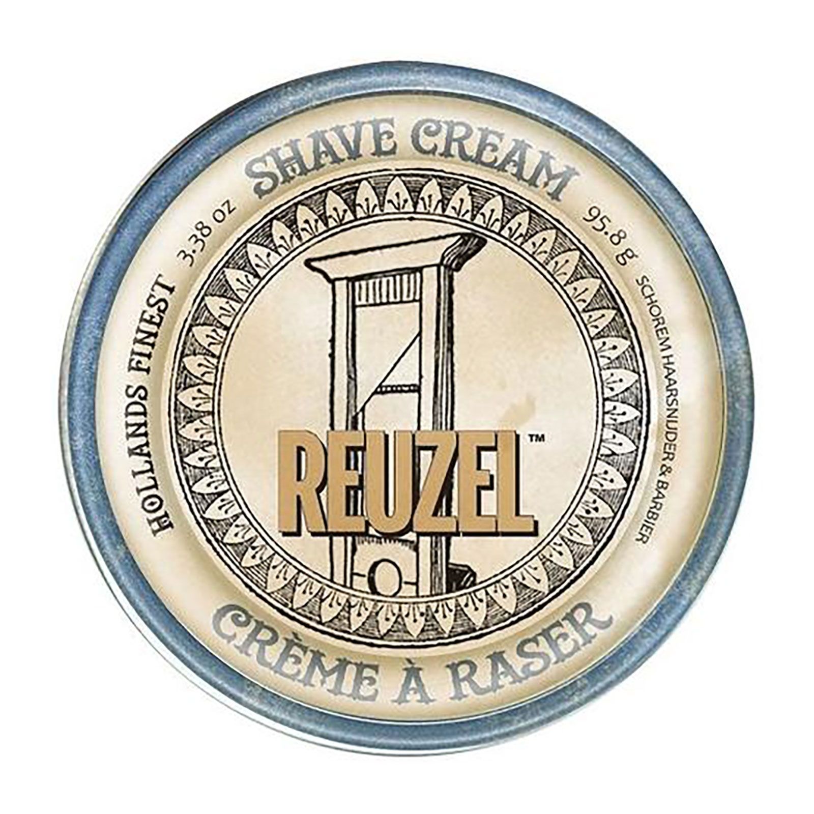 Reuzel Shave Cream Dose, blau, mit Guillotine-Motiv und Markenschriftzug.