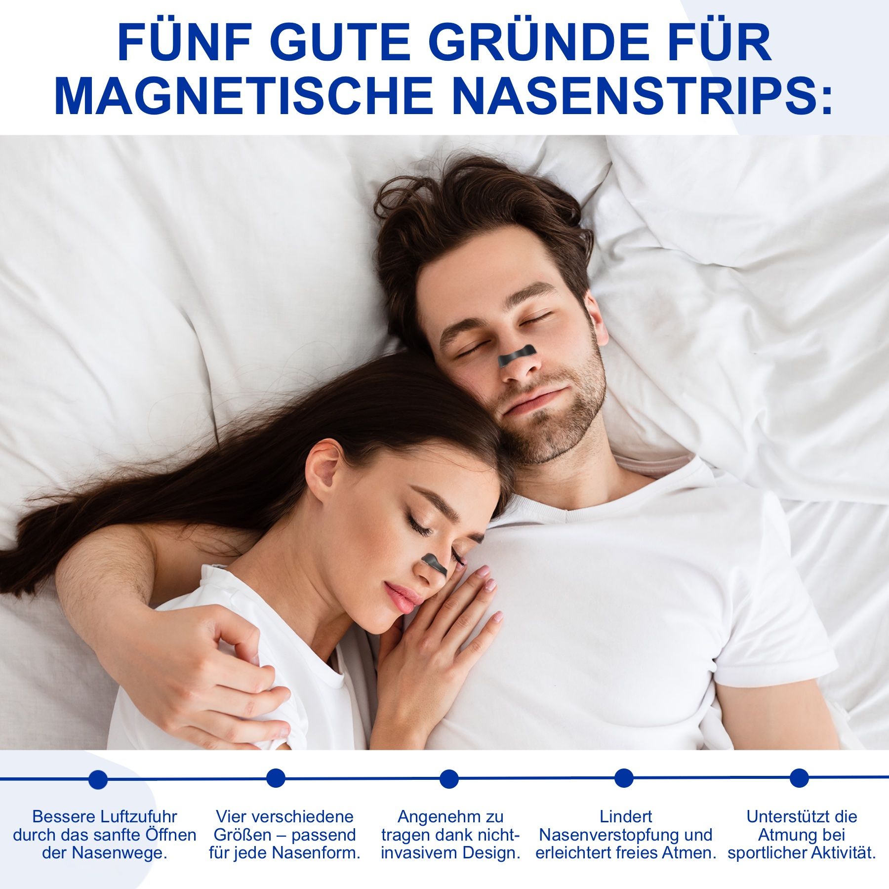 Paar schläft mit Nasenstrips. Text: Bessere Luftzufuhr, vier verschiedene Größen, angenehm zu tragen, lindert Nasenverstopfung.