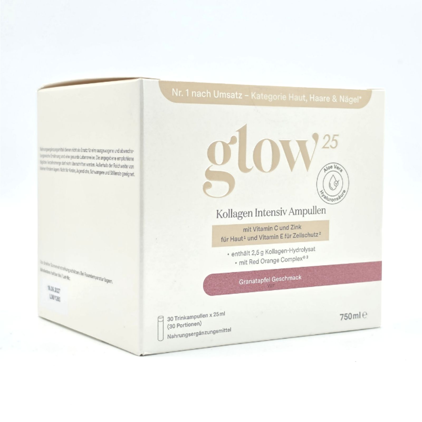 Glow25 Kollagen Intensiv Ampullen Packung mit 30 Trinkampullen à 25ml. Granatapfel Geschmack. Enthält Kollagen, Vitamin C und E.