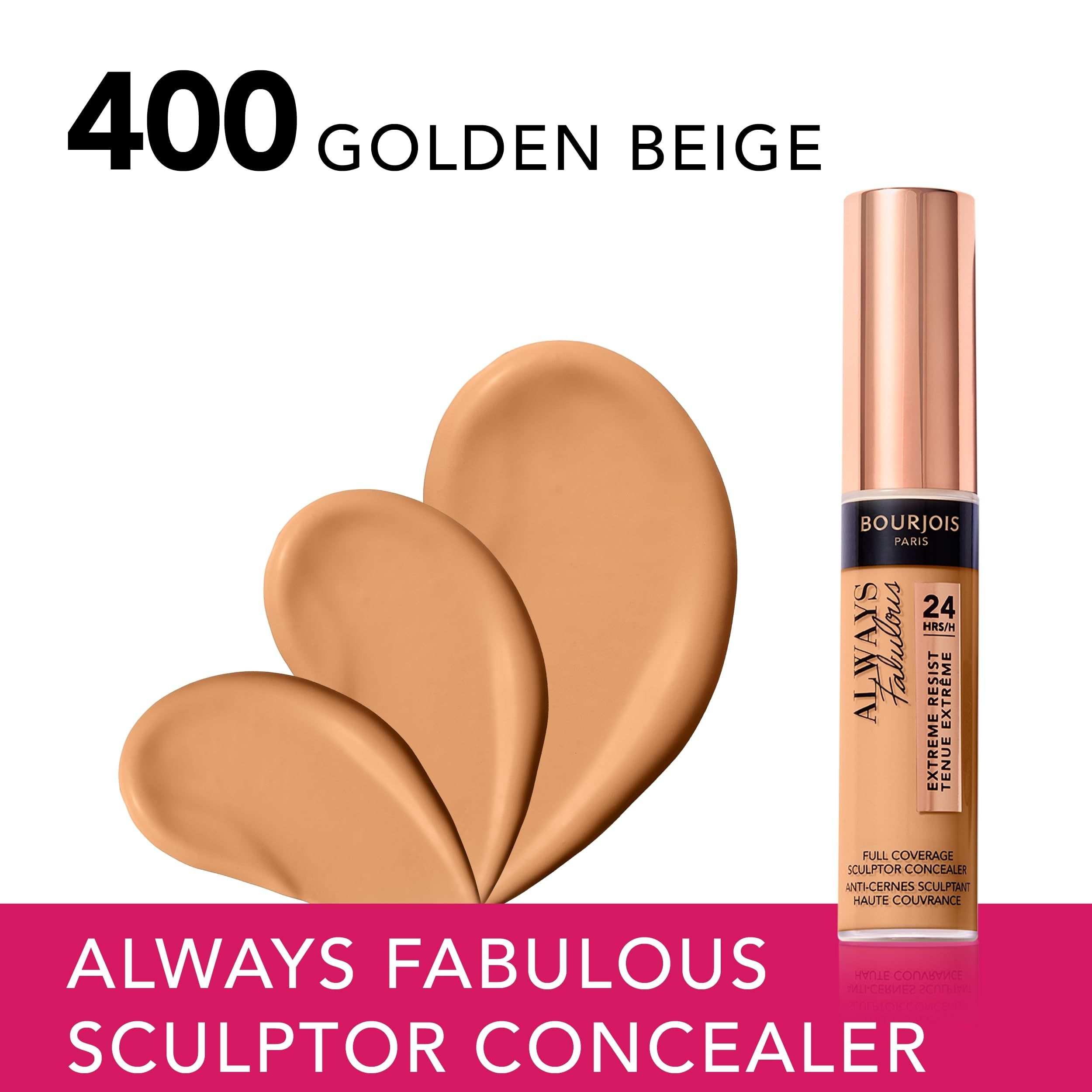 Concealer-Fläschchen und Swatches. Goldbeige Farbton. Marke Bourjois. Text: Always Fabulous, 24H, Extreme Resist.
