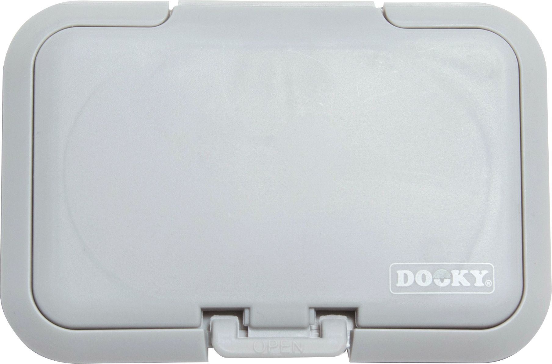 Grauer, rechteckiger Feuchttücherdeckel mit abgerundeten Ecken. Dooky-Logo rechts unten. Klappverschluss.