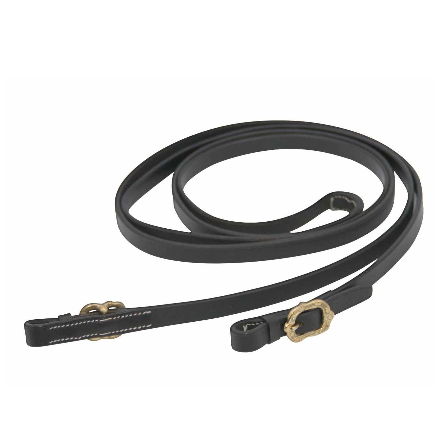 Schwarze Lederzügel mit goldenen Schnallen. Geschwungenes Design.