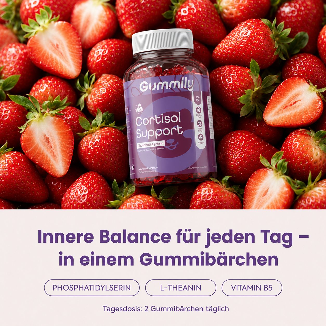 Gummily Cortisol Support Gummibärchen in Erdbeer-Optik, umgeben von frischen Erdbeeren.
