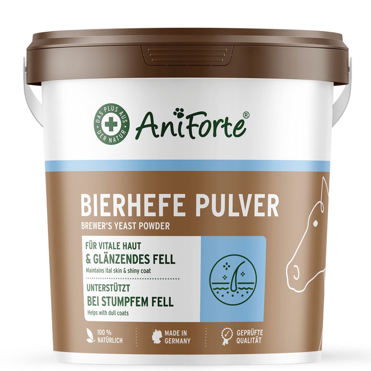 Eimer mit AniForte Bierhefe Pulver. Brauner Deckel, weißer Behälter, blaues Etikett mit Produktinformationen und Logo.