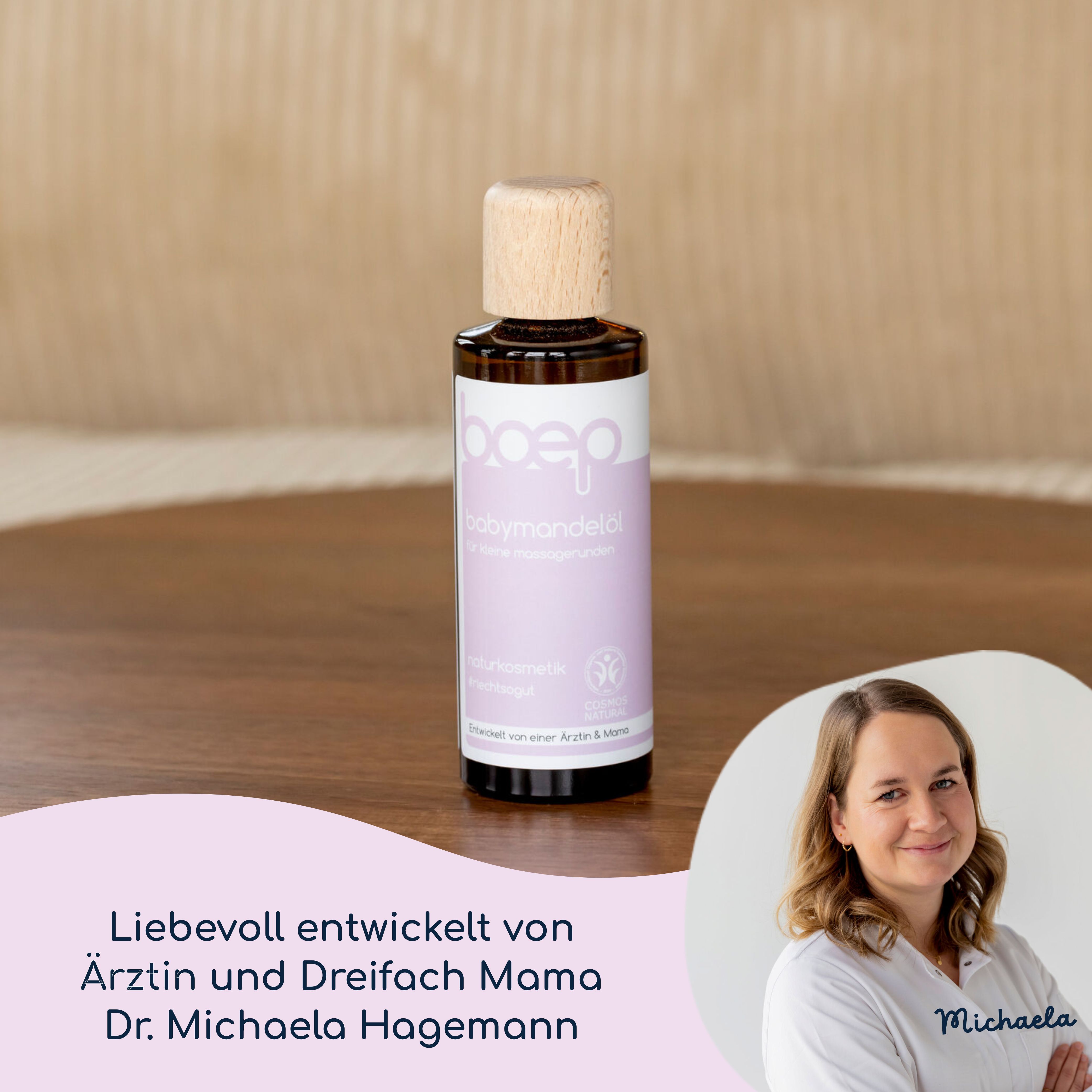 Braune Glasflasche mit Holzverschluss. Aufschrift: Babymandelöl. Logo: boep. Aufschrift: Naturkosmetik. Mit Dr. Michaela Hagemann entwickelt.