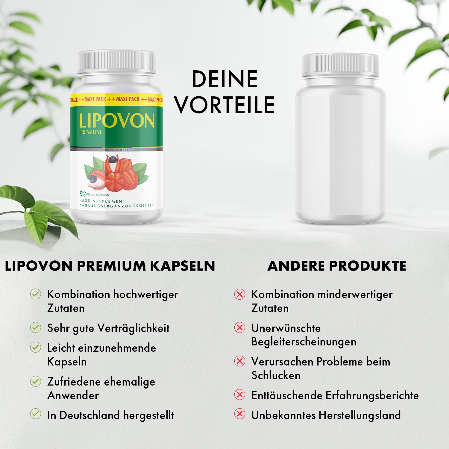 Flasche mit grün-weißem Etikett: LIPOVON PREMIUM Kapseln. Aufschrift: 90 Kapseln. Vergleichstabelle: Vorteile und Nachteile.