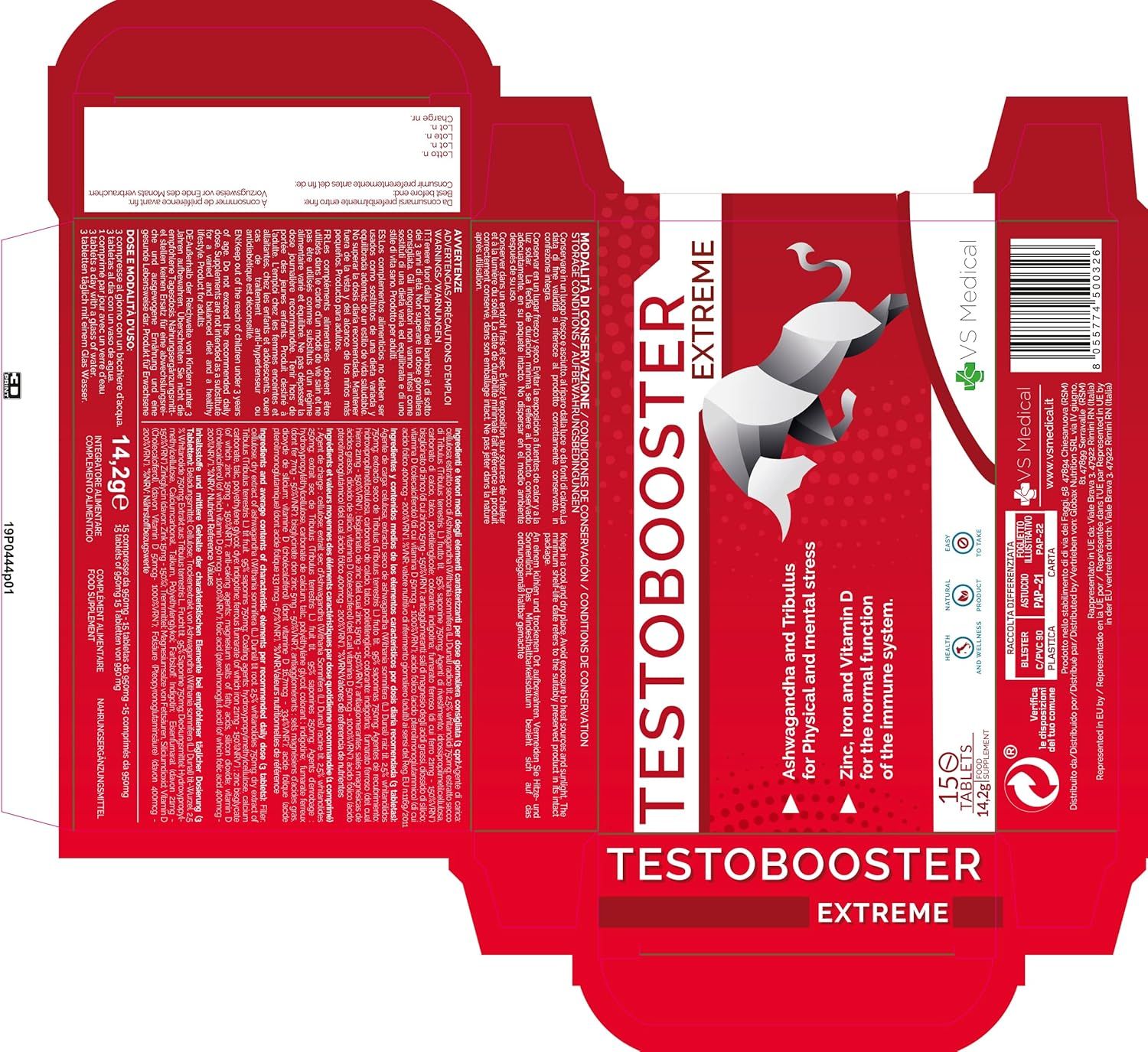 Ausgeklappte rote Verpackung mit Text: Testobooster Extreme, 15 Tabletten. Produktinformationen und VS Medical Logo.
