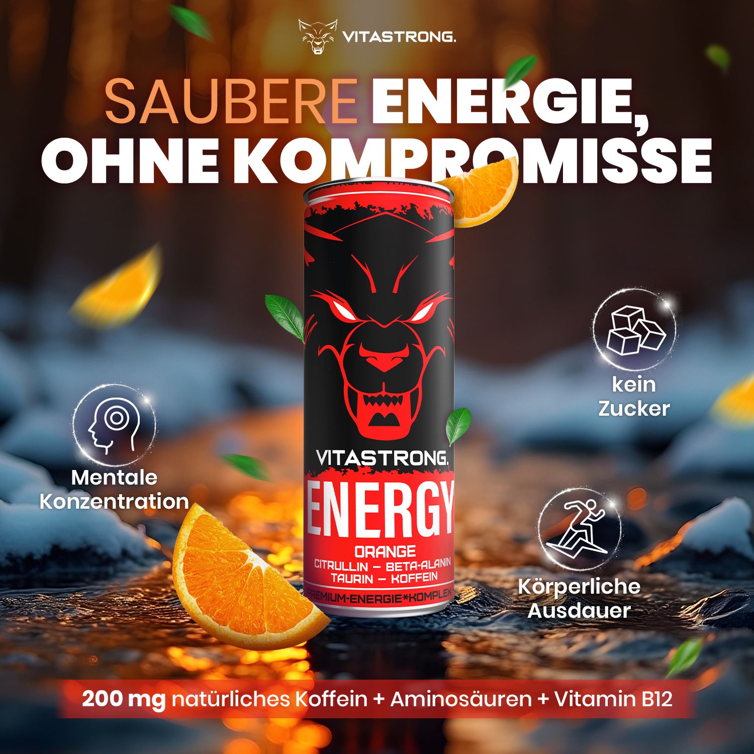 Vitastrong Energy Orange Dose. Abbildung mit Icons und Text. Orange-Scheiben und Tropfen.