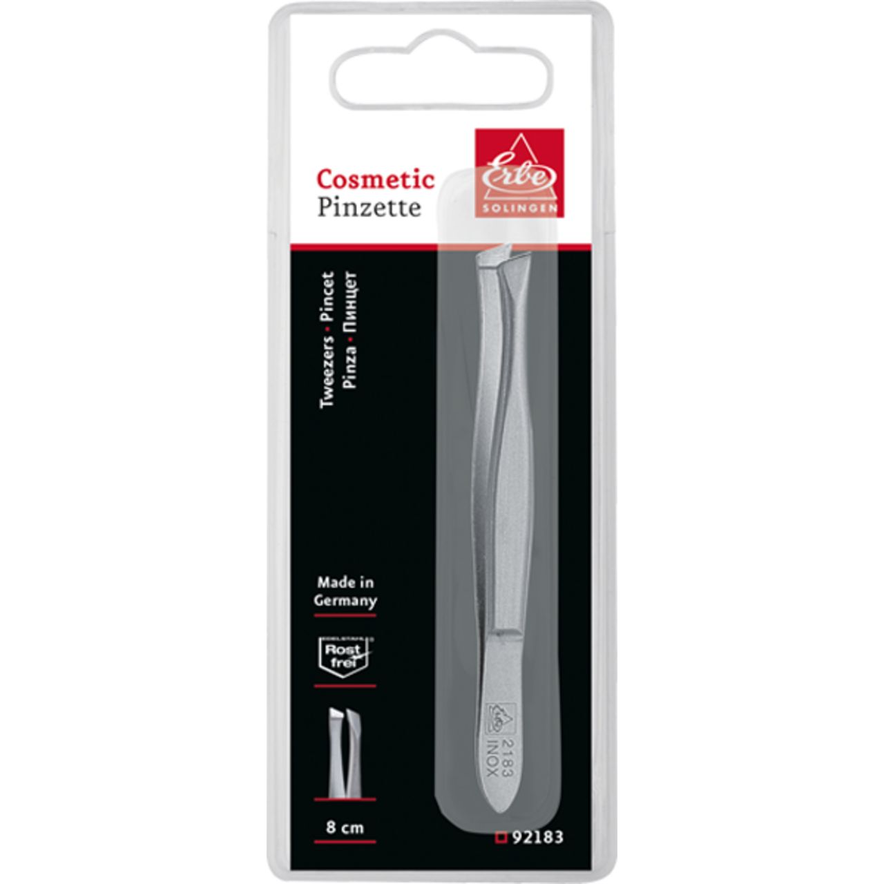 Pinzette in Blisterverpackung. Marke Erbe, Cosmetic Pinzette. Rostfrei. 8 cm. Made in Germany. Artikelnummer 92183.