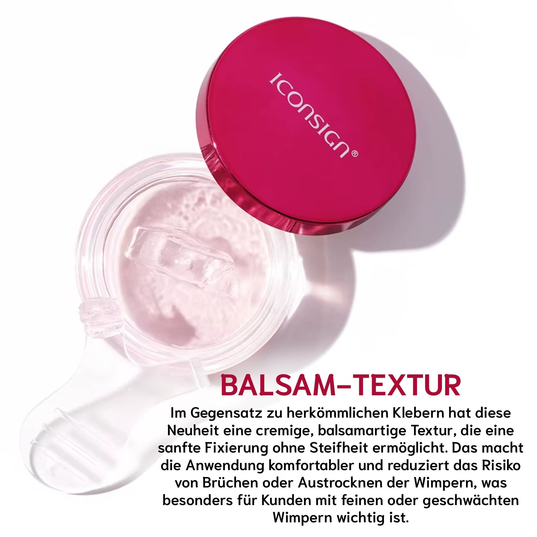 Behälter mit Balsam-Textur. Text erklärt die Textur. Marke: Iconsign.