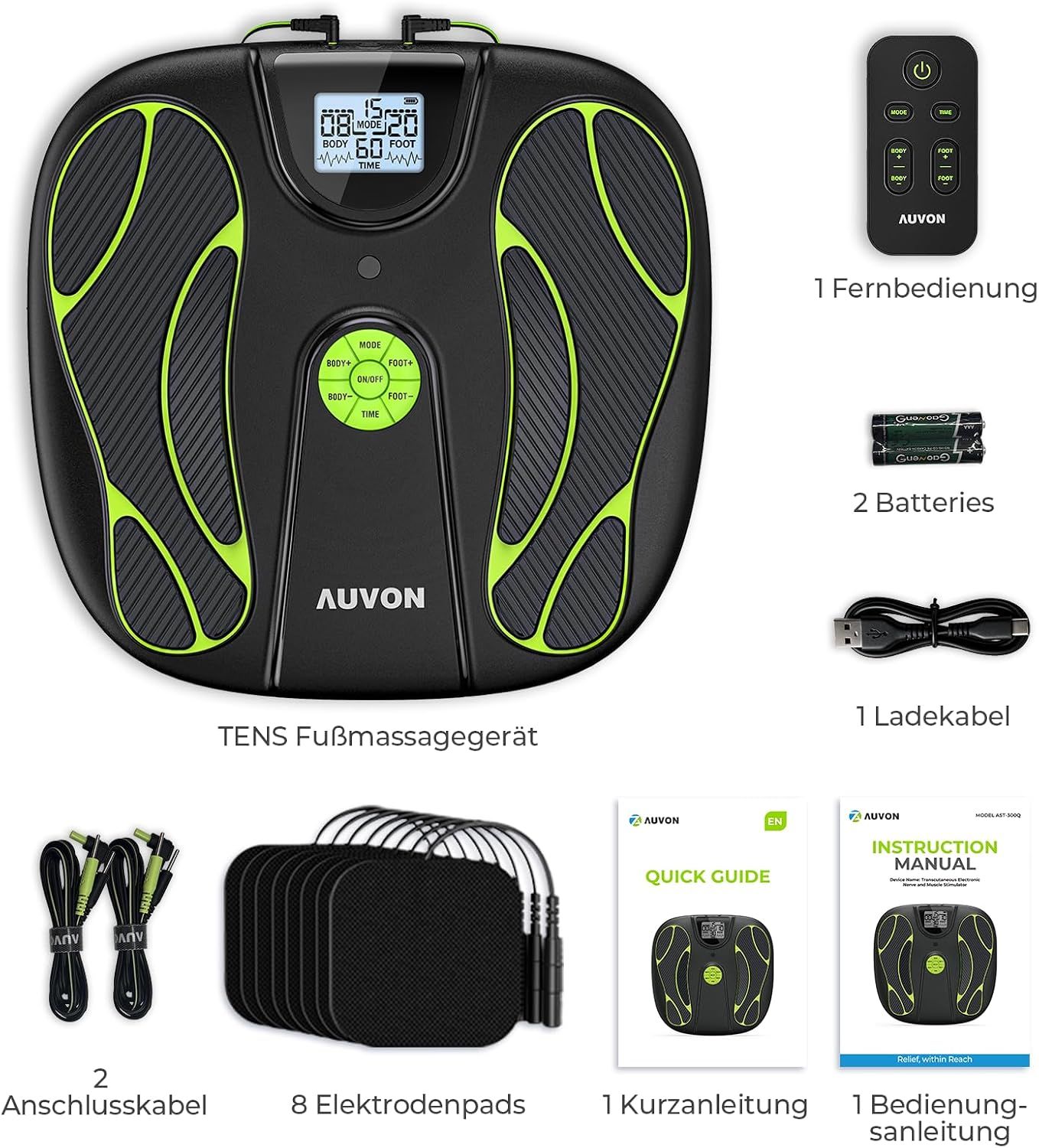 TENS Fußmassagegerät mit Fernbedienung, Kabeln und Elektrodenpads.