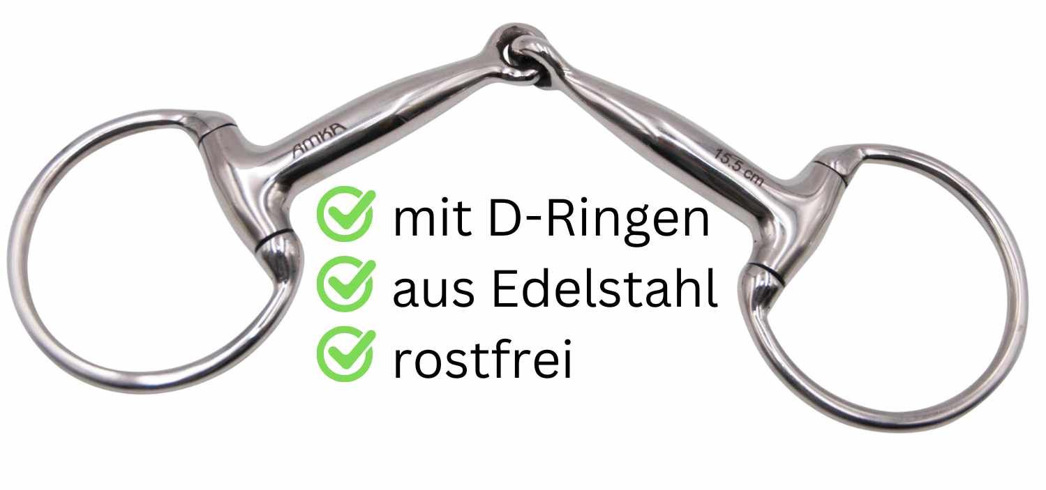 Edelstahl-Olivenkopftrense mit D-Ringen. Rostfrei. Text: aus Edelstahl, mit D-Ringen, rostfrei.