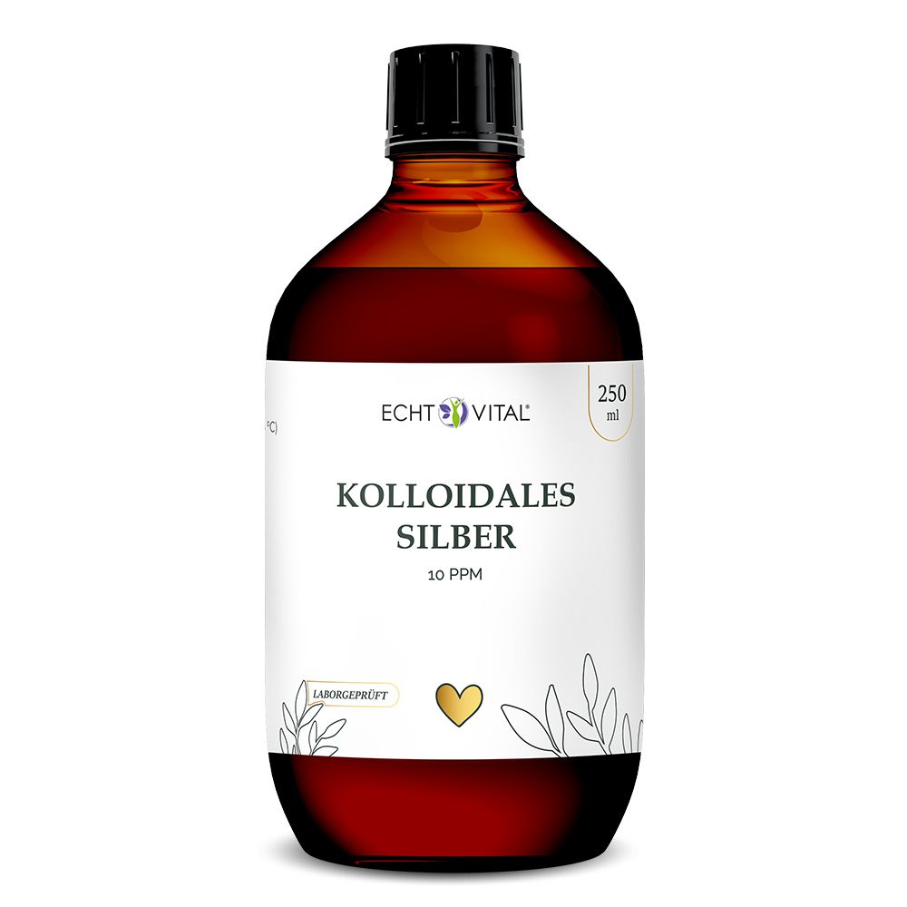 Braune Flasche mit schwarzem Deckel. Etikett: Echt Vital Kolloidales Silber 10 ppm. 250 ml.