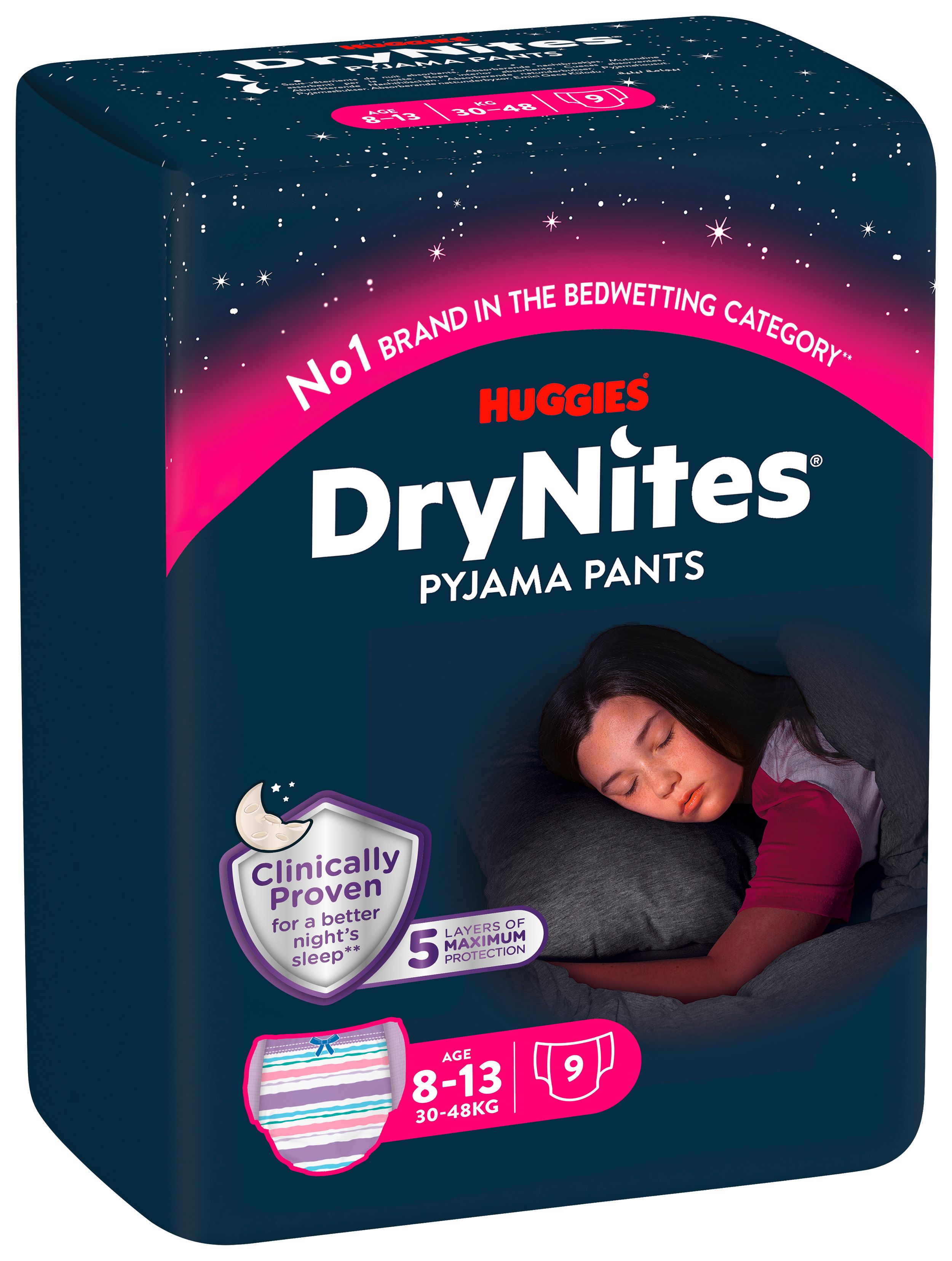 Huggies DryNites Pyjama Pants, Mädchen, 8-13 Jahre. Packung mit 9 Stück. 5 Schutzschichten. Klinisch erwiesen für besseren Schlaf. Nachtmotiv.