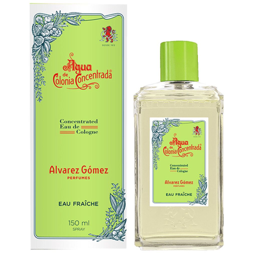 Flakon und Schachtel von Alvarez Gómez Eau de Cologne. Grün-weißes Etikett, grüne Kappe. Aufschrift: Eau Fraîche.