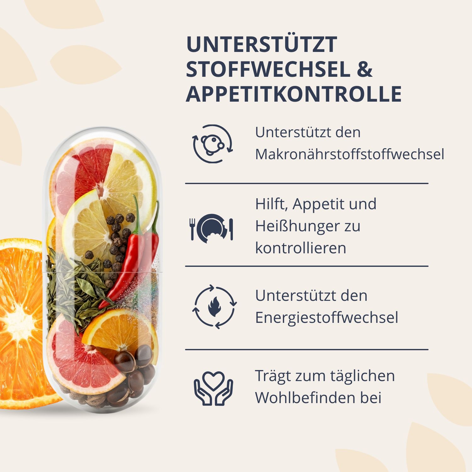 Große Kapsel gefüllt mit Früchten und Gewürzen, daneben eine Orangenscheibe.