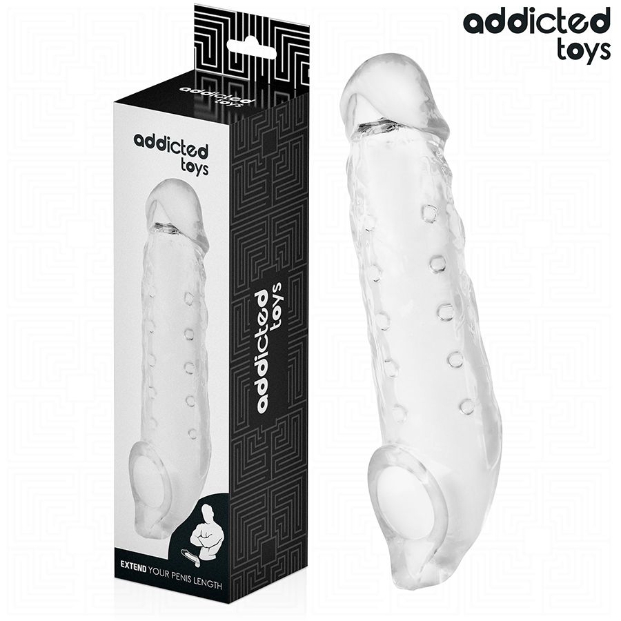 Transparente Penisverlängerung mit Noppen, neben Verpackung mit Logo 'addicted toys'.