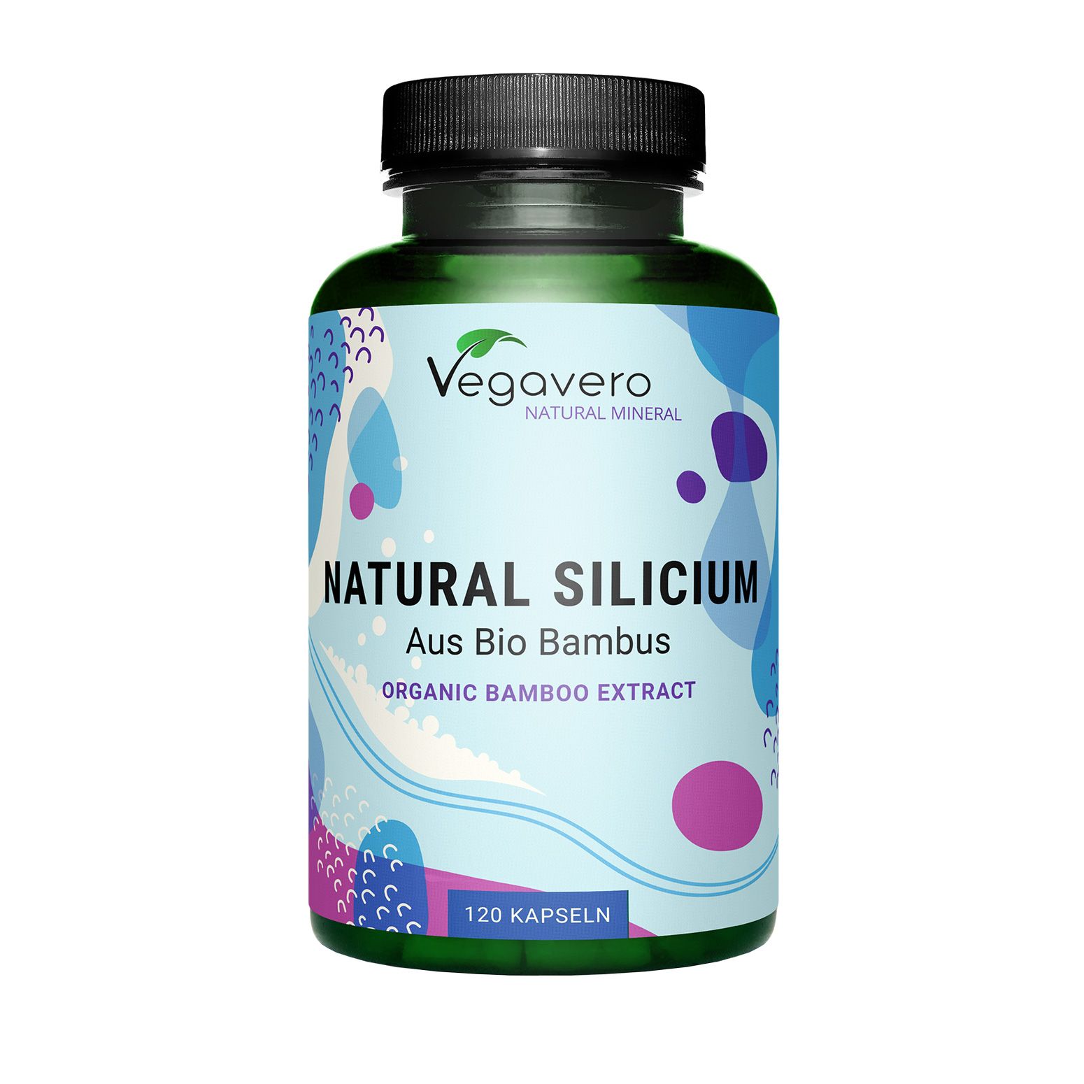 Grüne Flasche mit schwarzen Deckel. Aufschrift: NATURAL SILICIUM, Aus Bio Bambus, Organic Bamboo Extract. 120 Kapseln.