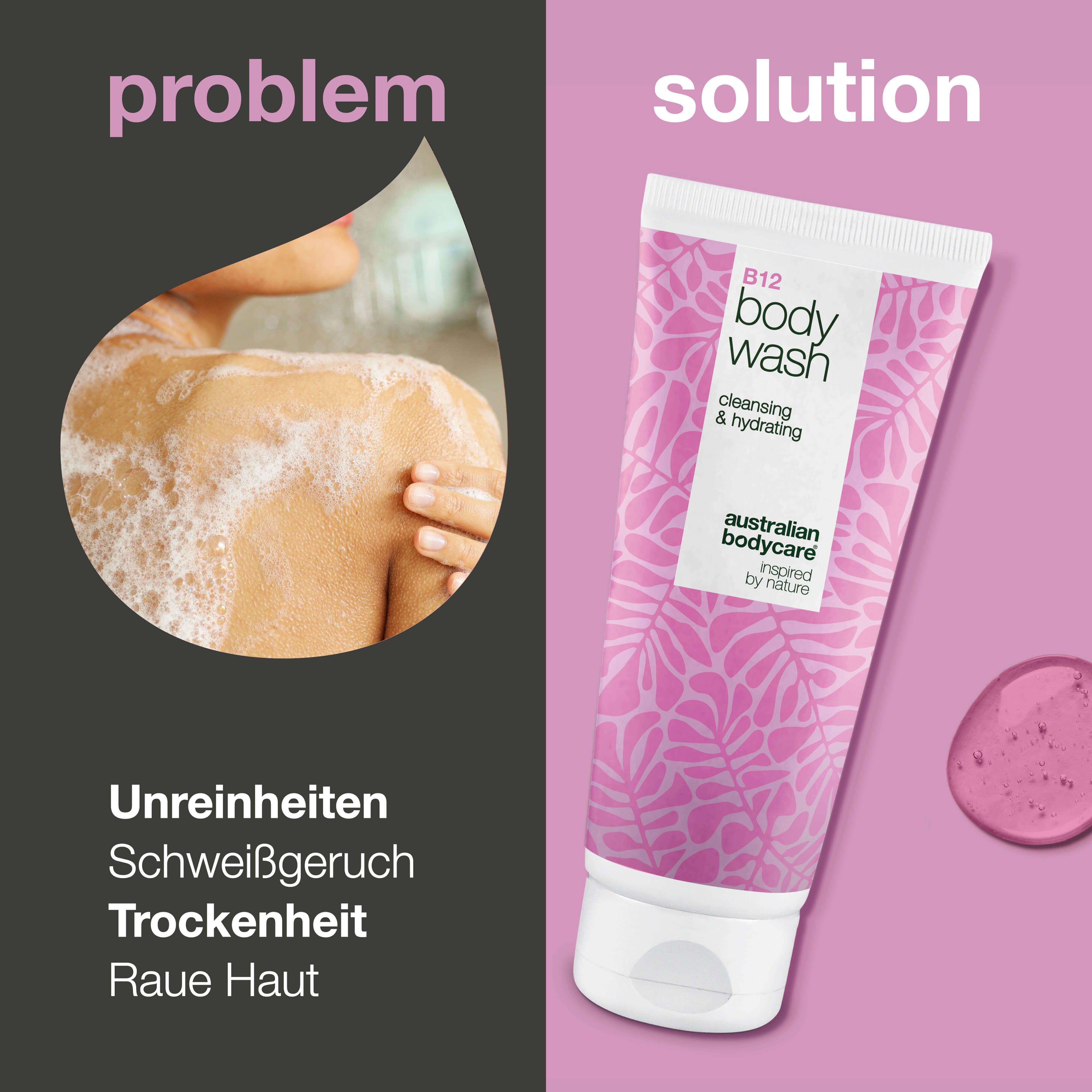 Tube mit B12 Body Wash. Rosa Design mit Blättern. Marke: Australian Bodycare.