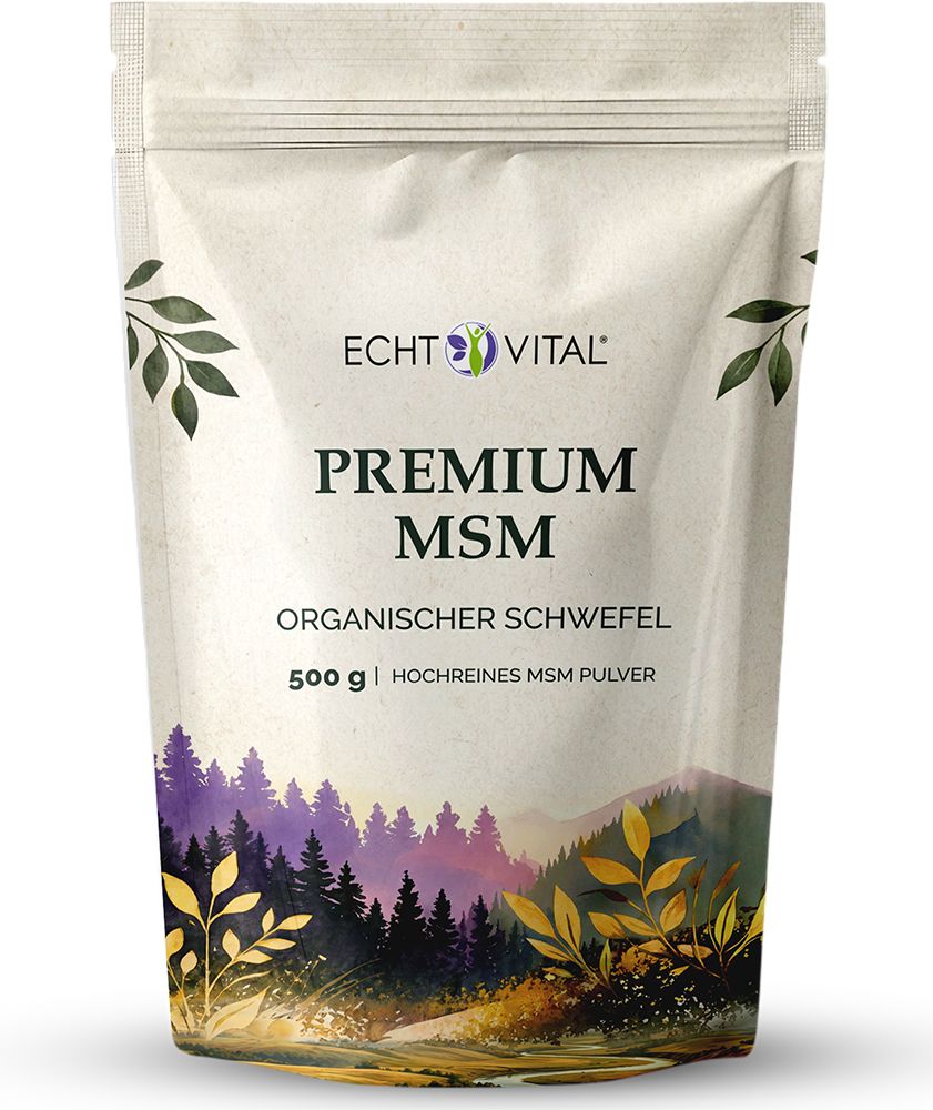 Standbodenbeutel mit Echt Vital Premium MSM Organischer Schwefel 500g. Bergwald-Landschaft im Hintergrund.