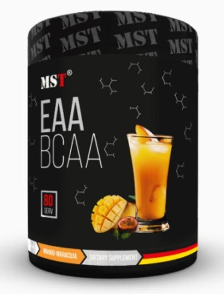 Schwarzer Behälter mit MST EAA BCAA Mango-Maracuja Pulver, 80 Portionen.