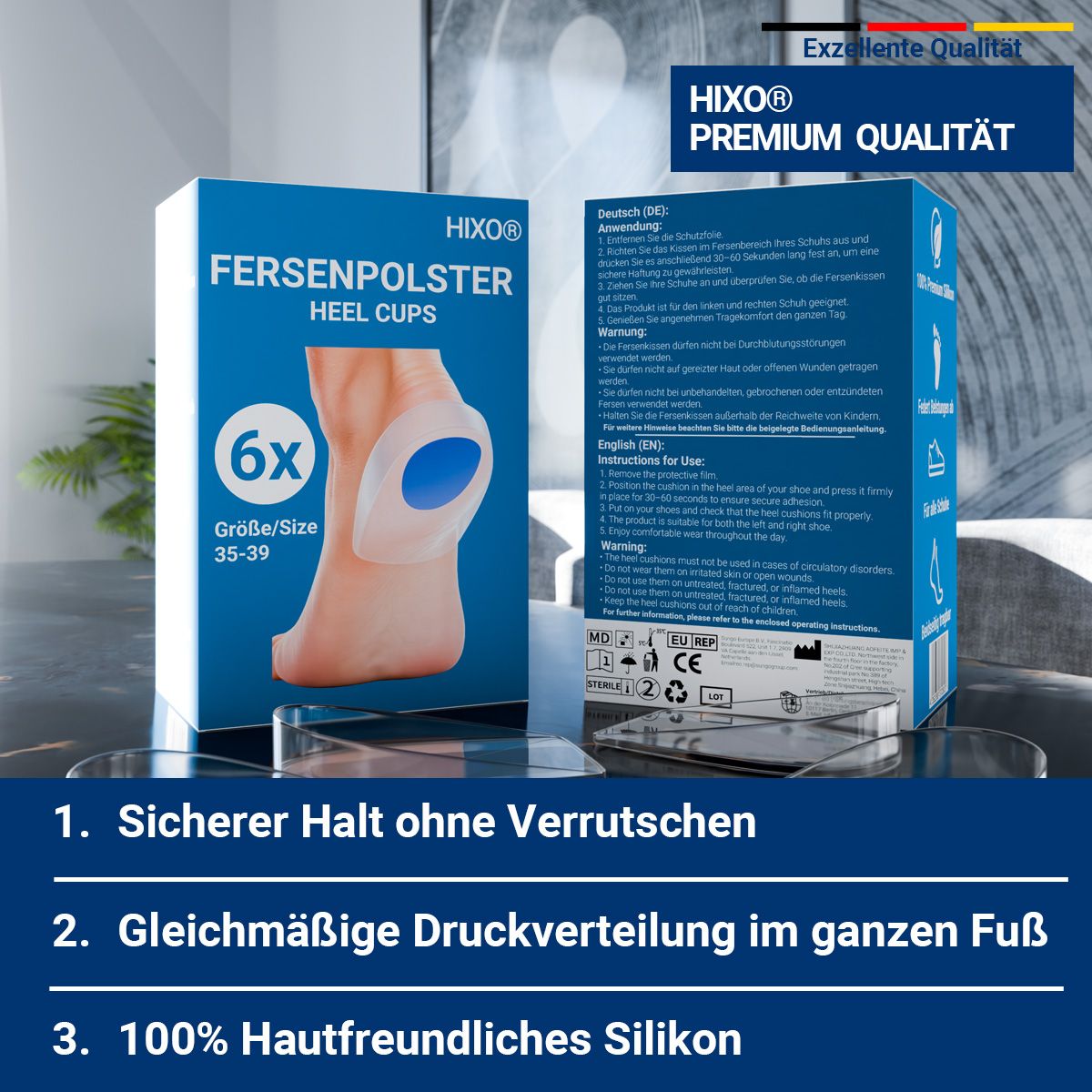 HIXO Fersenkissen Verpackung mit Hinweis auf Premium Qualität und 100% Silikon.