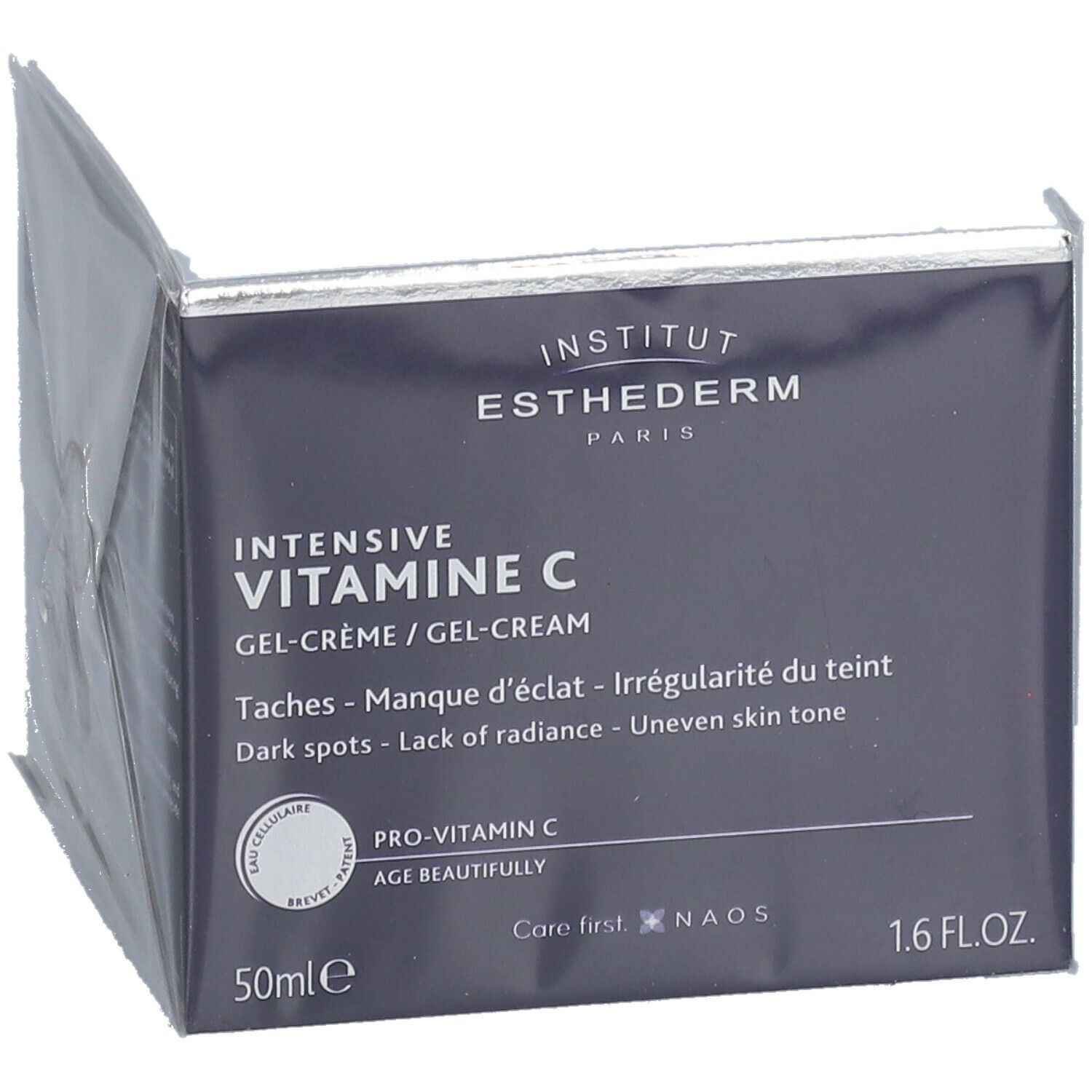 Geöffnete dunkelblaue Schachtel mit Text. INSTITUT ESTHEDERM, INTENSIVE VITAMINE C GEL-CREME. 50ml, 1.6 FL.OZ.