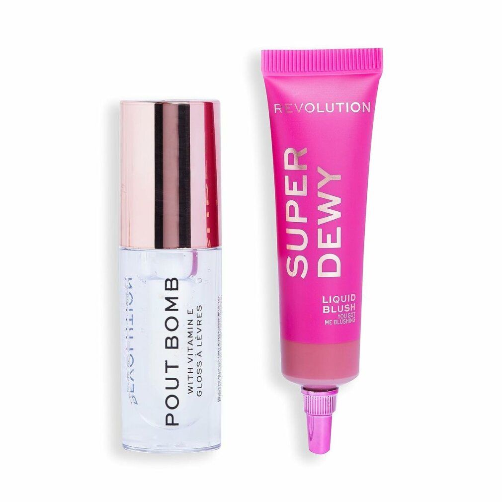 Zwei Kosmetikprodukte: Lipgloss und flüssiges Rouge. Lipgloss in klarer Flasche mit roségoldener Kappe. Rouge in pinkfarbener Tube.