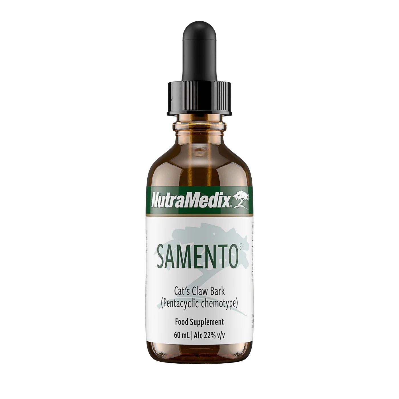 Braune Glasflasche mit Pipettenverschluss, Etikett mit 'Samento' und 'NutraMedix'.