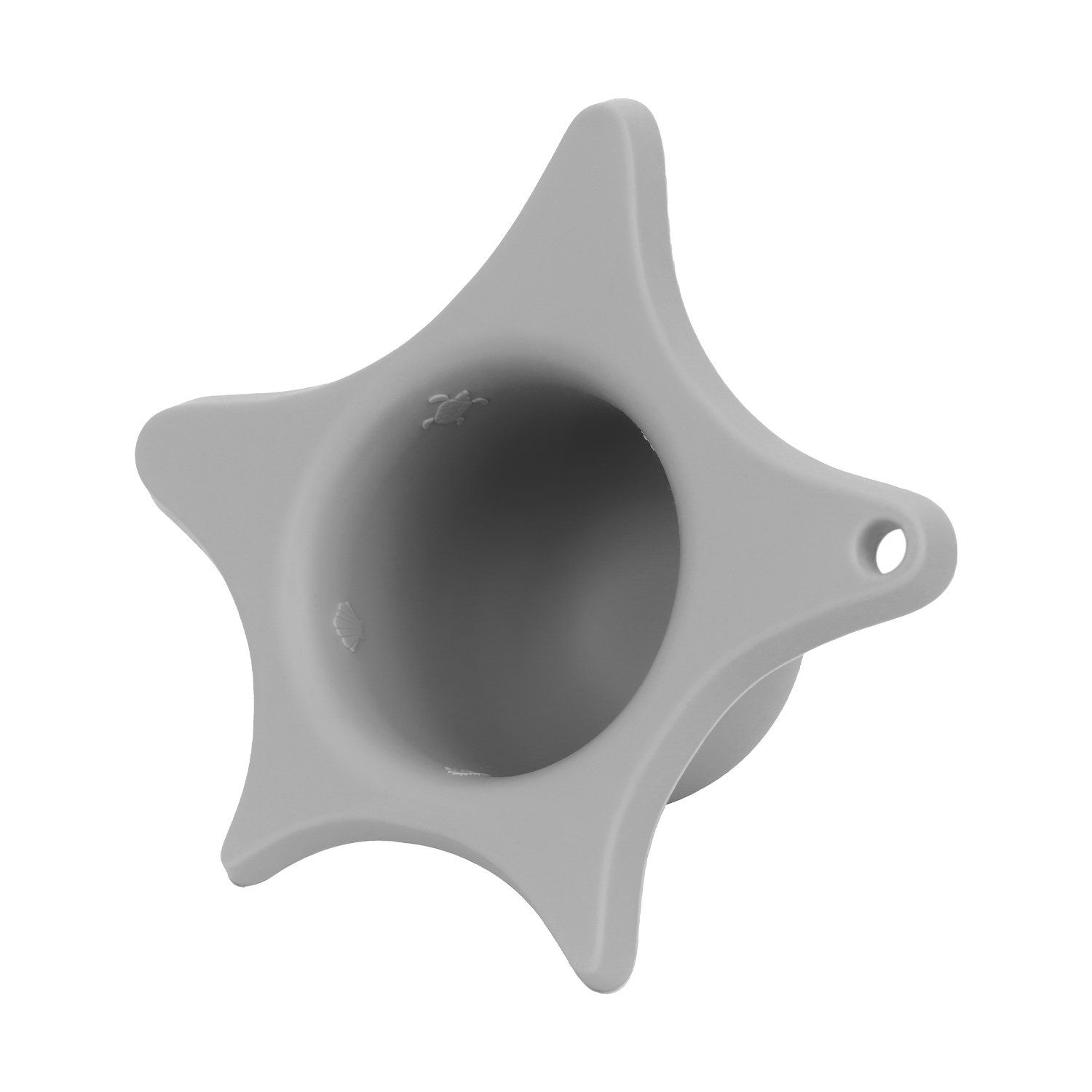 Hellgraue Duschhilfe, sternförmig mit rundem Kopf. Loch am Ende eines Sterns. Innenansicht.