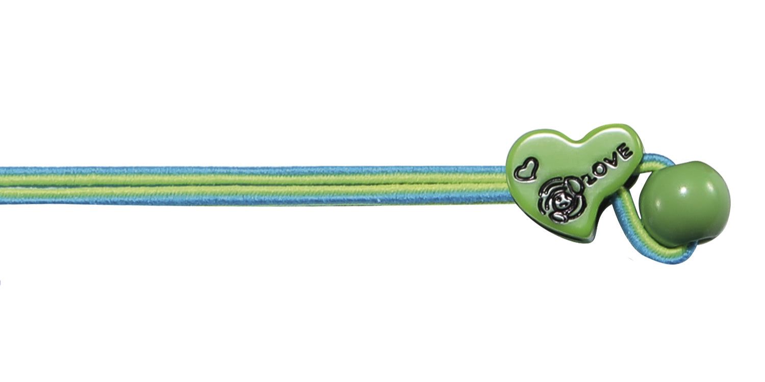 Brillenband für Kinderbrillen, grün-blau, mit herzförmigem Dekor und "LOVE"-Schriftzug.