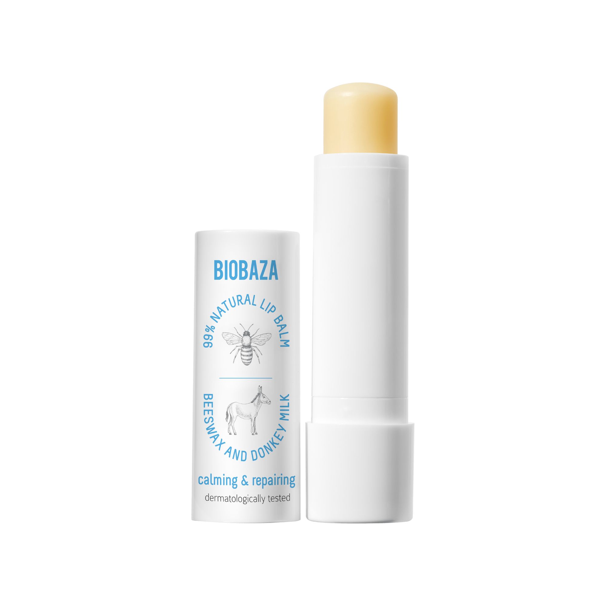 Weißer Lippenbalsam-Stift mit geöffneter Kappe. Aufschrift: Biobaza, 99% Natural, Beeswax and Donkey Milk, beruhigend & reparierend.