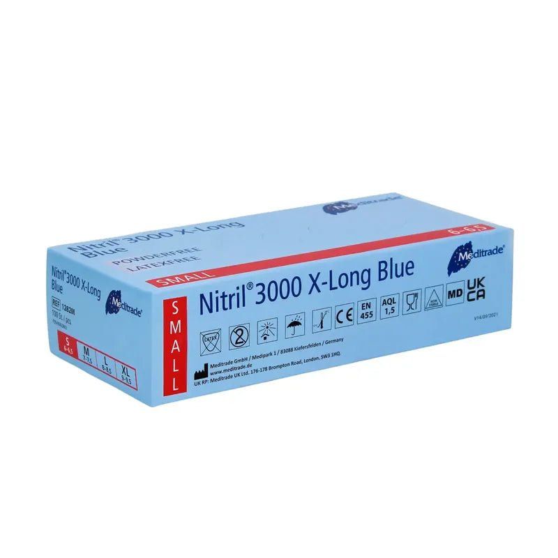 Blaue Verpackung von Nitril® 3000 X-Long Blue Handschuhen. Aufschrift: SMALL, Latex-frei, CE-Kennzeichnung, Meditrade Logo.
