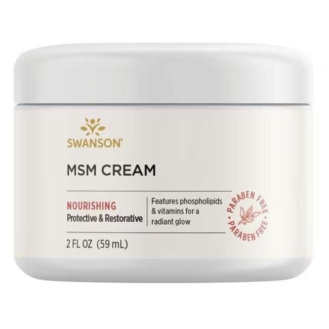Weißer Tiegel mit Aufschrift SWANSON MSM CREAM. Enthält 59 ml. Mit „Paraben Free“ Siegel.
