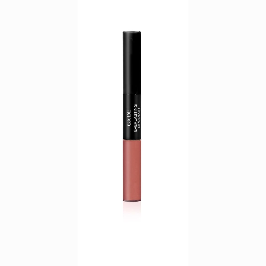 Ga-De Everlasting Lipcolor. Doppelendiger Lippenstift. Schwarzer Deckel, rosafarbene Lippenfarbe. Produktname und Marke sichtbar.