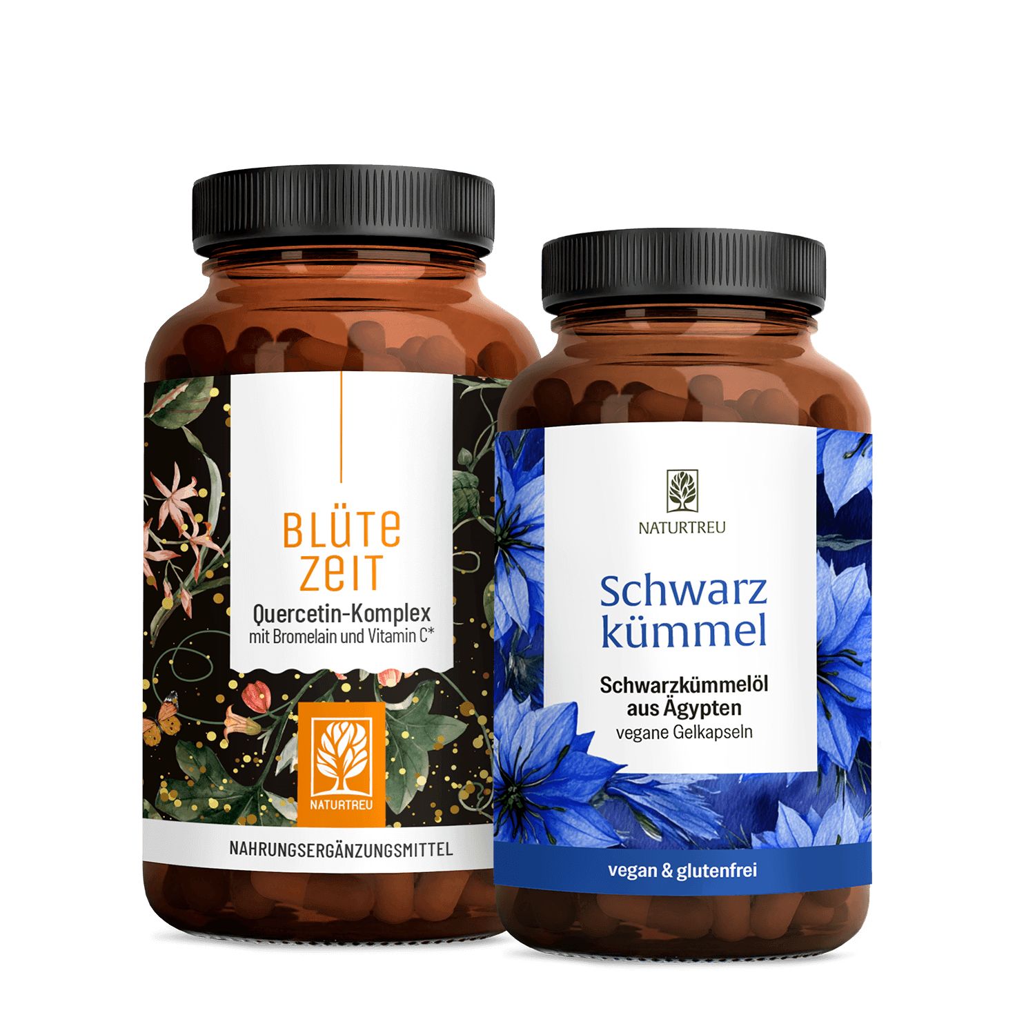 Zwei NATURTREU Nahrungsergänzungsmittel-Flaschen: "Blüte Zeit" Quercetin-Komplex und "Schwarzkümmel" Öl.