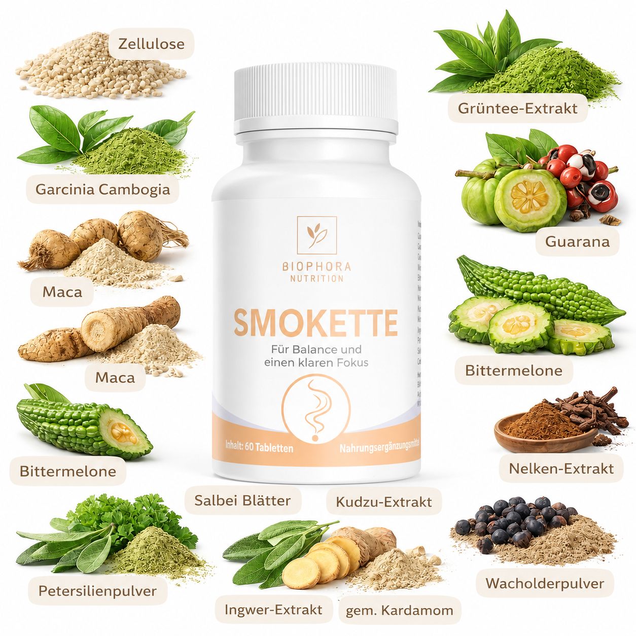 Smokette Flasche umgeben von pflanzlichen Inhaltsstoffen wie Guarana, Maca und Bittermelone.