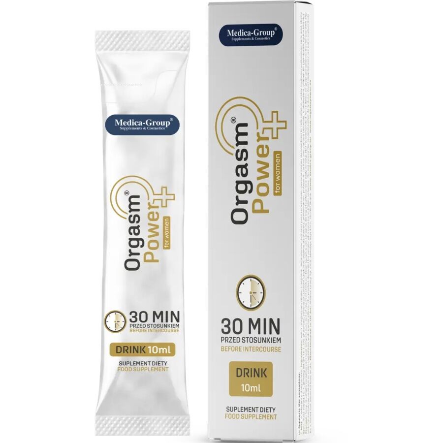 Orgasmus Power Drink für Frauen, 10ml Beutel und 30ml Box. "30 MIN" und "BEFORE INTERCOURSE" sind aufgedruckt.
