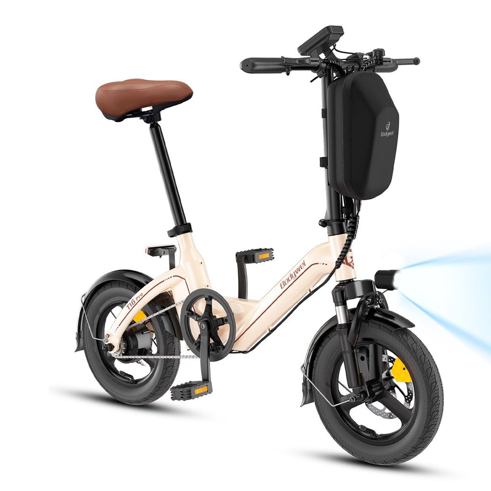 Faltbares E-Bike, cremefarben, brauner Sattel, schwarze Elemente. Frontlicht an. "Bodywel" Schriftzug.