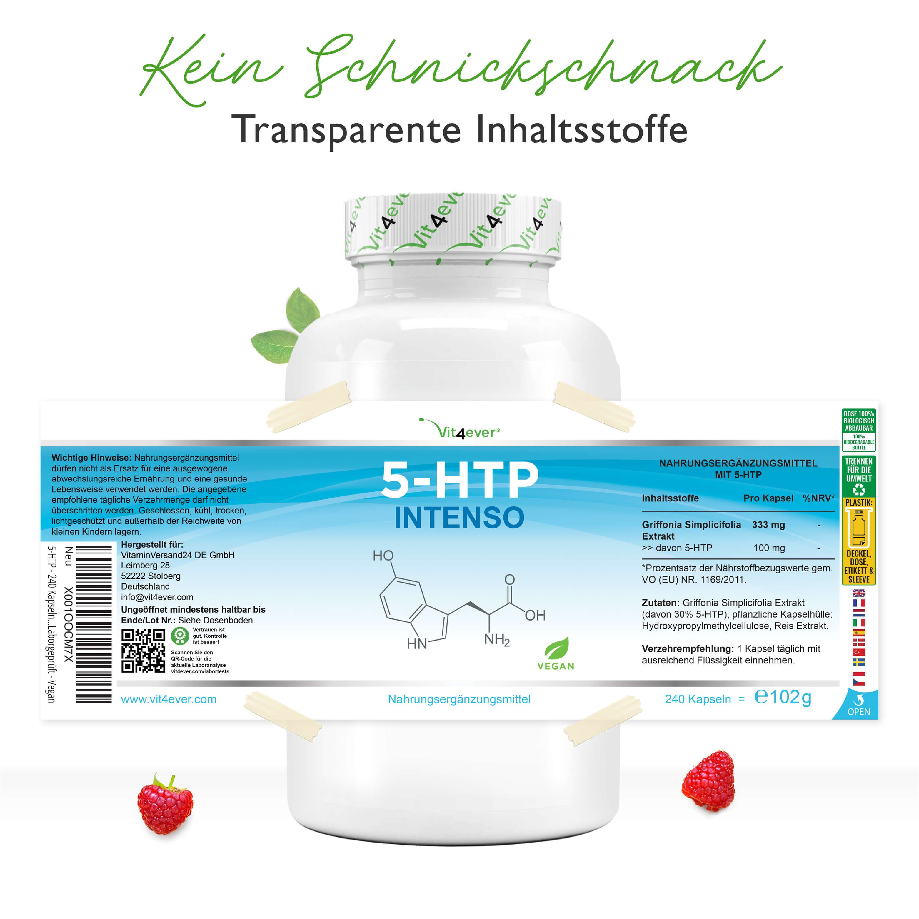 Flasche mit Etikett. Aufschrift: 5-HTP Intenso, Vit4ever. Inhaltsstoffe, Nährwertangaben. Vegan-Siegel. 240 Kapseln, 102g.