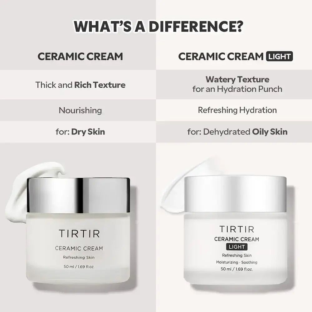 Vergleich von TIRTIR Ceramic Cream und Ceramic Cream Light. Beide in weißen Tiegeln. Text: Thick and Rich Texture, Watery Texture.