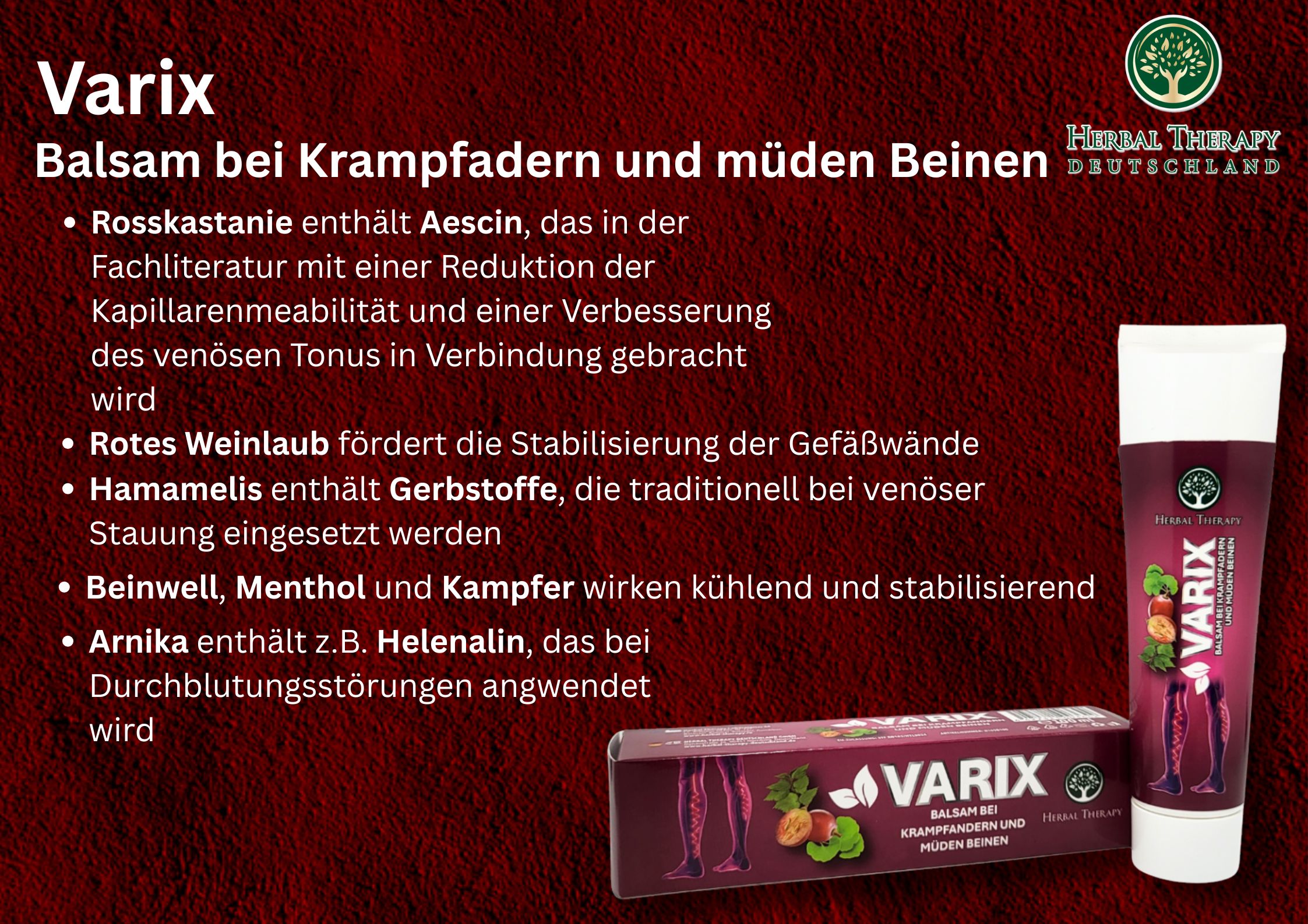 Tube und Schachtel mit Produktaufdruck. Aufschrift VARIX, Balsam bei Krampfadern und müden Beinen. Logo Herbal Therapy. Text über Inhaltsstoffe.